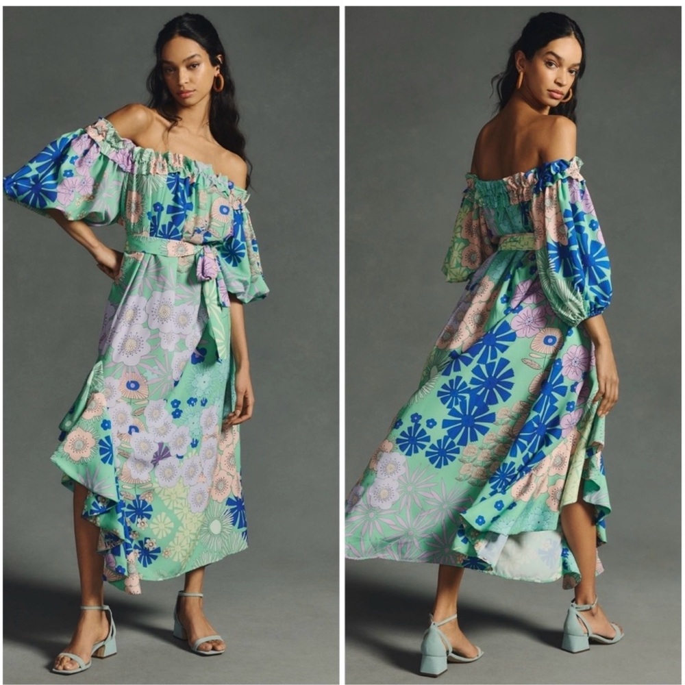 Anthropologie Green and Blue Floral Dress